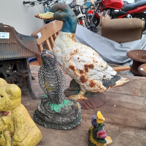 23 - Chinese Style Cast Iron Lantern, 3 Door Stops Duck, Teddy and Flowers plus a Cobra Garden Ornament