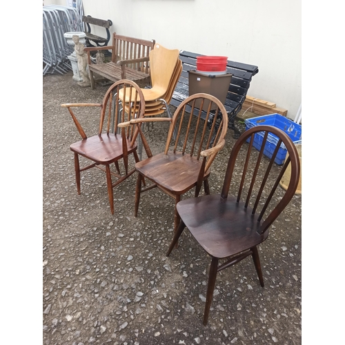 329 - Windsor Ercol Carver Chairs x 3 ( 1 with slight damage)