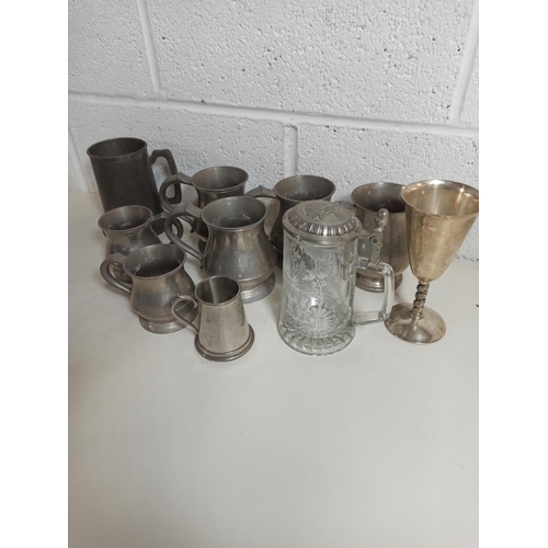 148 - Pewter Tankard, Wine Goblet and Engraved Tankard