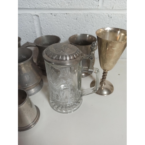 148 - Pewter Tankard, Wine Goblet and Engraved Tankard