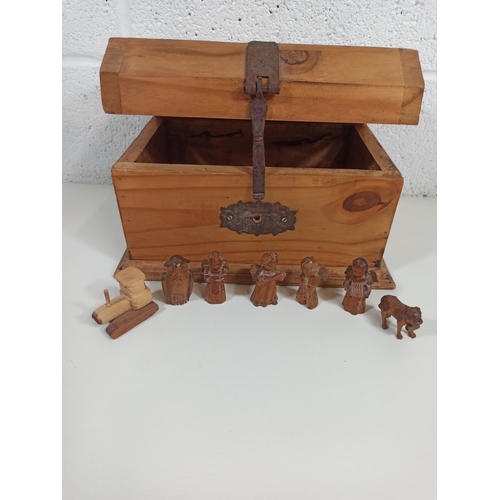 532 - Wooden Carved Angels, Animals and Tractor in Wooden Chest 23 x 33 x 22cm