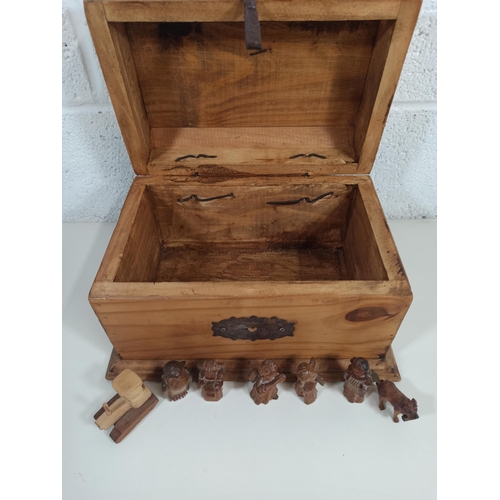 532 - Wooden Carved Angels, Animals and Tractor in Wooden Chest 23 x 33 x 22cm