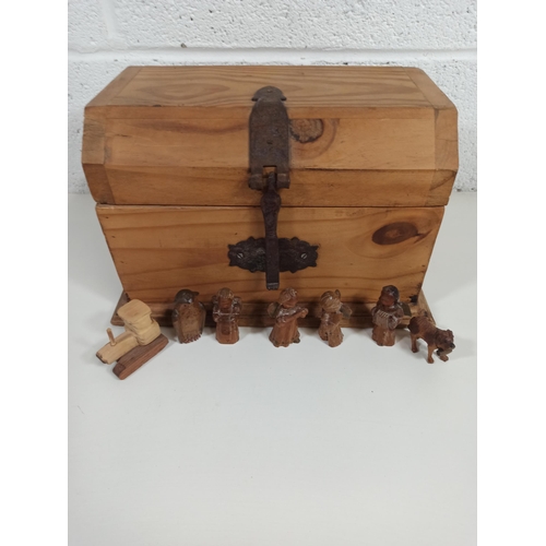 532 - Wooden Carved Angels, Animals and Tractor in Wooden Chest 23 x 33 x 22cm