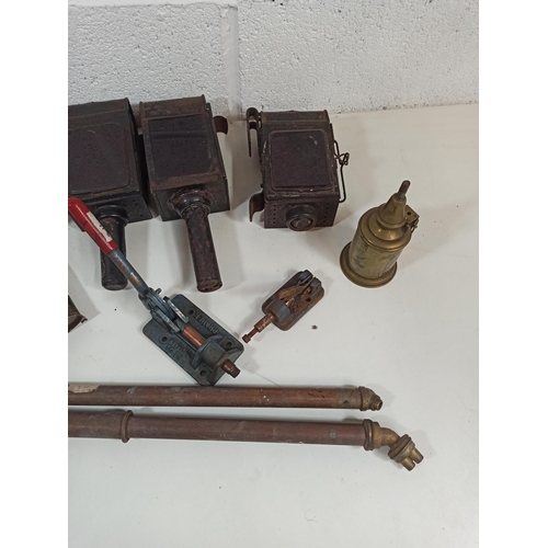 155 - A Selection of Vintage  Carriage  Lamps, Oil Cans and Pumps