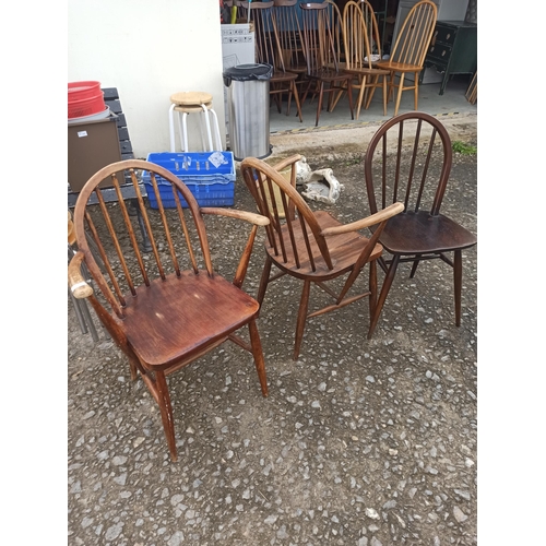 329 - Windsor Ercol Carver Chairs x 3 ( 1 with slight damage)