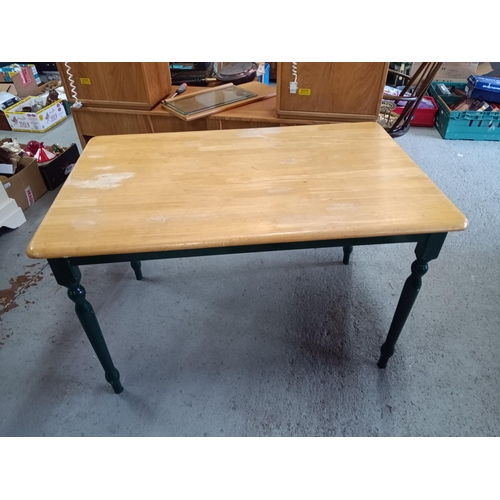 827 - A Pine Table with Green Painted Legs 75cm x 120cm x 76cm