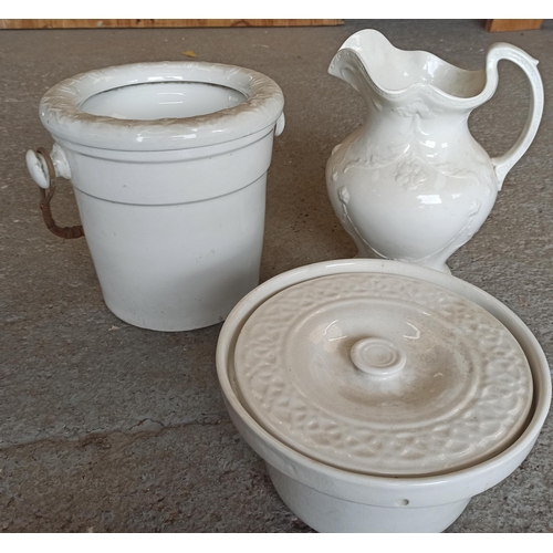 147 - Vintage White Pottery  Water Pitcher,  Crock and Lidded Pot