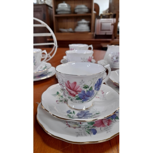 124 - Royal Albert Friendship Sweet Pea Tea Set- 6 x Cups, 6 x Saucers, 6 x Cake Plates, 1 x Creamer and P... 