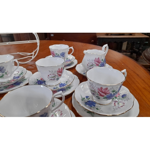 124 - Royal Albert Friendship Sweet Pea Tea Set- 6 x Cups, 6 x Saucers, 6 x Cake Plates, 1 x Creamer and P... 