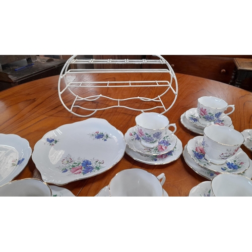 124 - Royal Albert Friendship Sweet Pea Tea Set- 6 x Cups, 6 x Saucers, 6 x Cake Plates, 1 x Creamer and P... 