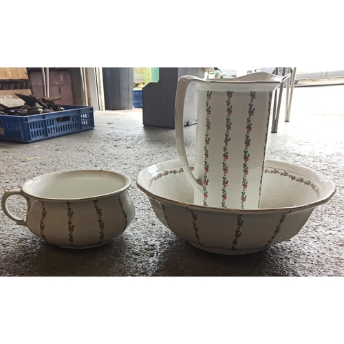 146 - Vintage Wash Bowl and Jug with Matching Chamber Pot - Pink Rose Decoration