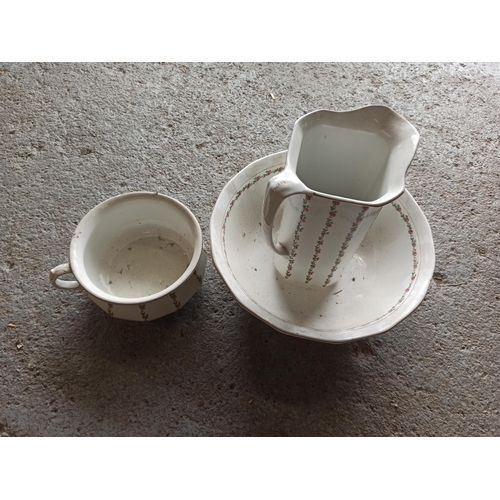 146 - Vintage Wash Bowl and Jug with Matching Chamber Pot - Pink Rose Decoration