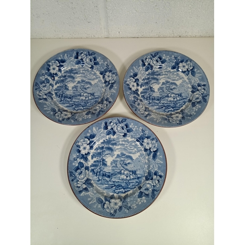 104 - 3 x Blue and White China Plates with Rural Scene