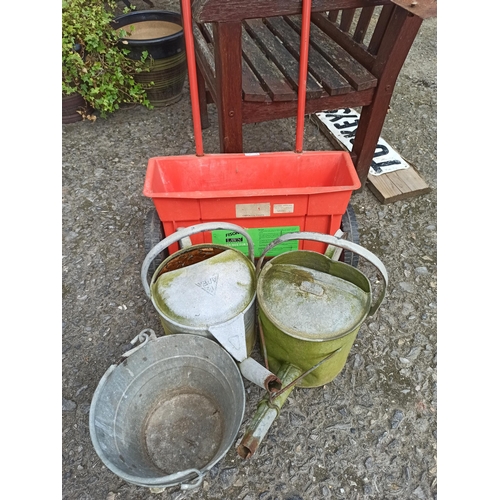 901 - Lawn Spreader and 2 x Galvanised Watering Cans and Bucket