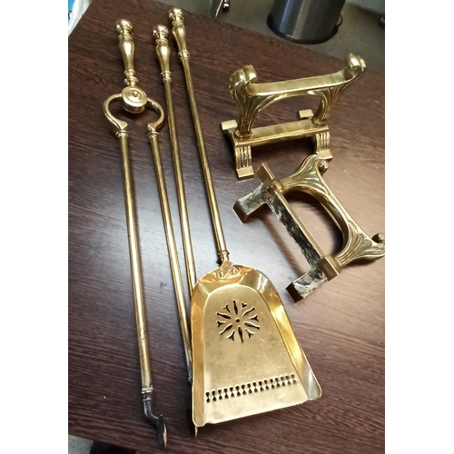 100 - Brass Fire Dogs 15cm , Tongs, Poker and Shovel