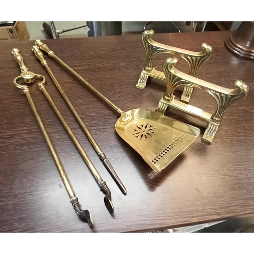 100 - Brass Fire Dogs 15cm , Tongs, Poker and Shovel