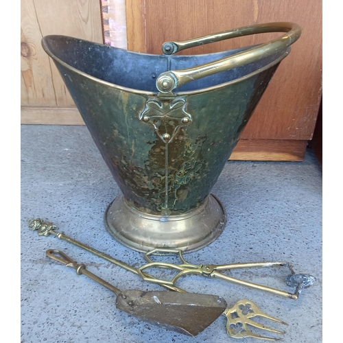 99 - Coal Scuttle, Fire Tools including Toasting Fork, Tongs and Shovel