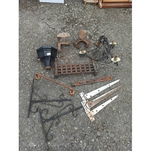 920 - A Selection of Metal Items, Fire Grate, Vintage Shoe Lasts, Hanging Light, Brackets and Wall Sconce