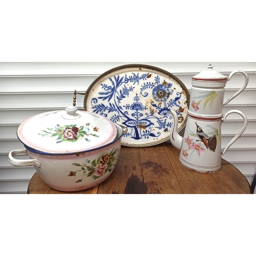 145 - French Style Tray with Enamel Jug and CoffeePot