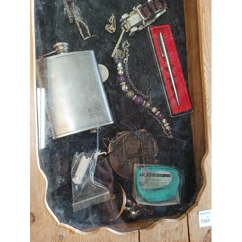 135 - Offering Box with Assorted Items Including Jewellery, Hip Flask, Cans and More 58 x28 x9cm