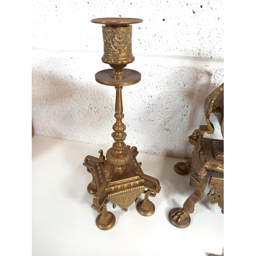 80 - Clock Brass Garniture and Matching Candle Sticks