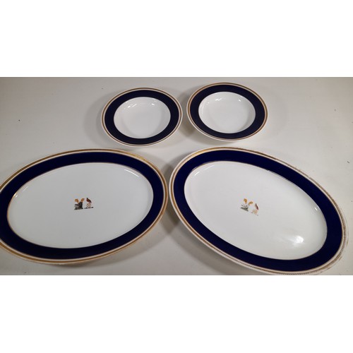 413 - Circa 1800s Minton Meat Platters Royal Blue and Gold Edging both Crested with  2 x Matching Soup Bow... 