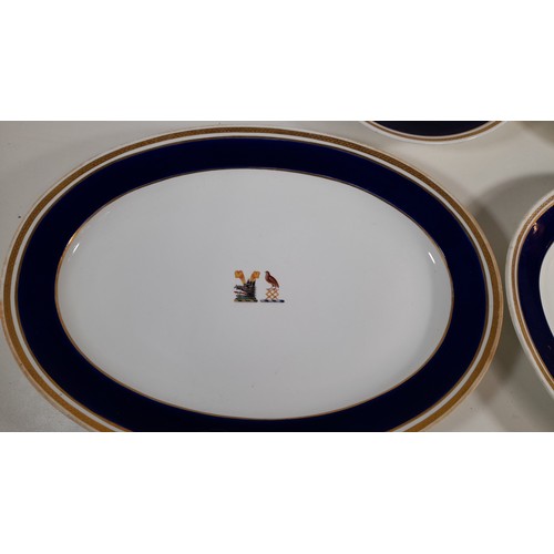 413 - Circa 1800s Minton Meat Platters Royal Blue and Gold Edging both Crested with  2 x Matching Soup Bow... 