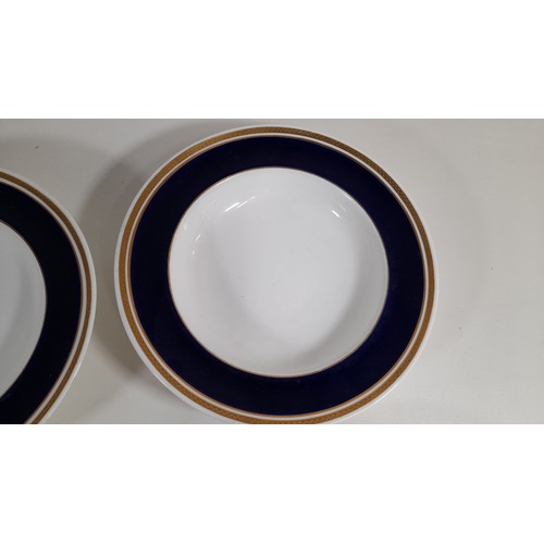 413 - Circa 1800s Minton Meat Platters Royal Blue and Gold Edging both Crested with  2 x Matching Soup Bow... 