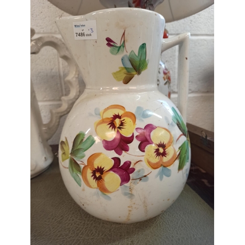 542 - Lamp with Shade Decorated with Birds and Flowers plus 2 x Jugs - One White 36cm High Chipped to back... 