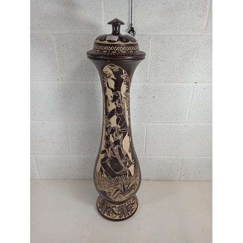 442 - Aztec Tall Lidded Pot - a few small chips 90cm High