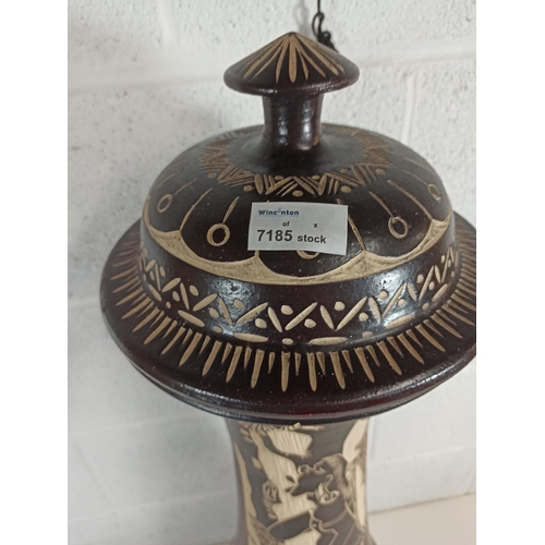 442 - Aztec Tall Lidded Pot - a few small chips 90cm High