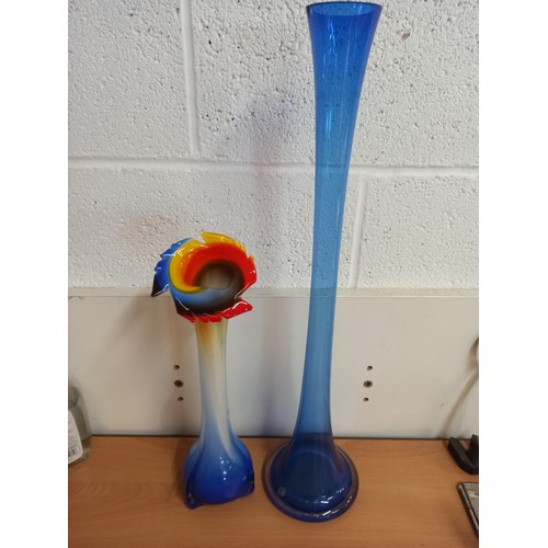 522 - Murano Style Vase 39cm Tall and Blue Glass Tal Vase hand made by Cello 60cm ( small chip to top rim)