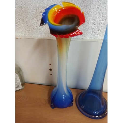 522 - Murano Style Vase 39cm Tall and Blue Glass Tal Vase hand made by Cello 60cm ( small chip to top rim)