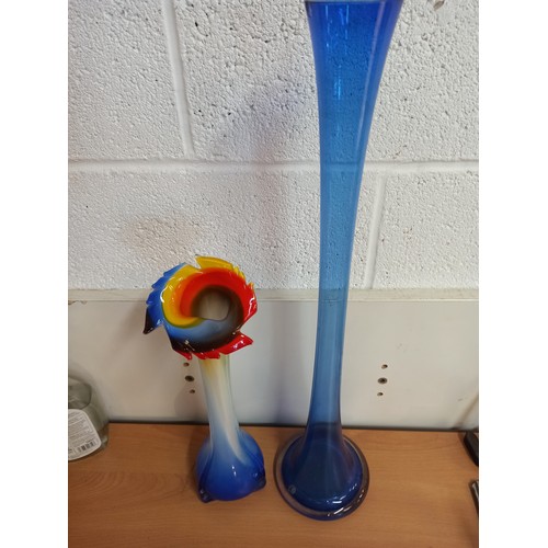 522 - Murano Style Vase 39cm Tall and Blue Glass Tal Vase hand made by Cello 60cm ( small chip to top rim)