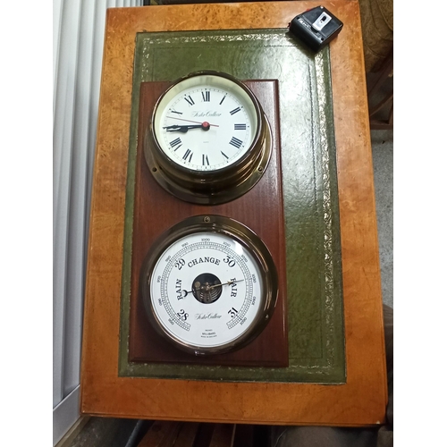 423B - Foster Callear Clock and Barometer in Brass and Glass Surrounds on Wooden Plinth