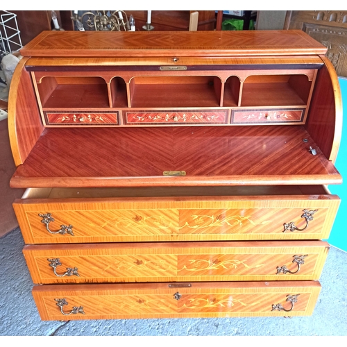 432 - Inlaid Writing Bureau - 3 Large Drawers, Pull Out Writing Shelf , Roll Top Cover and 3 Smaller Drawe... 