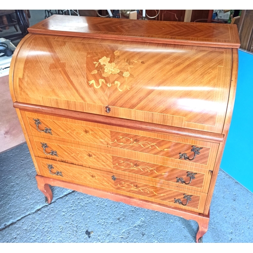 432 - Inlaid Writing Bureau - 3 Large Drawers, Pull Out Writing Shelf , Roll Top Cover and 3 Smaller Drawe... 