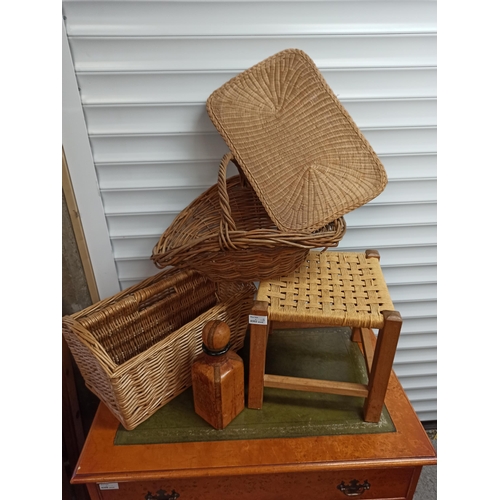 1019 - Wicker Basket, Magazine Rack with Footstool, leather Wrapped Bottle and Woven Mat