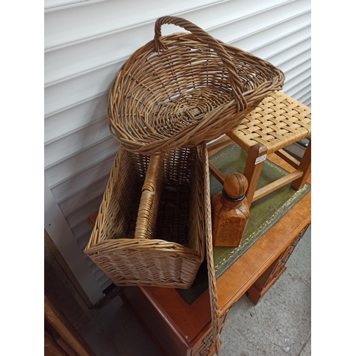 1019 - Wicker Basket, Magazine Rack with Footstool, leather Wrapped Bottle and Woven Mat