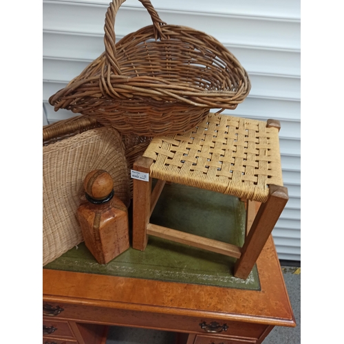 1019 - Wicker Basket, Magazine Rack with Footstool, leather Wrapped Bottle and Woven Mat