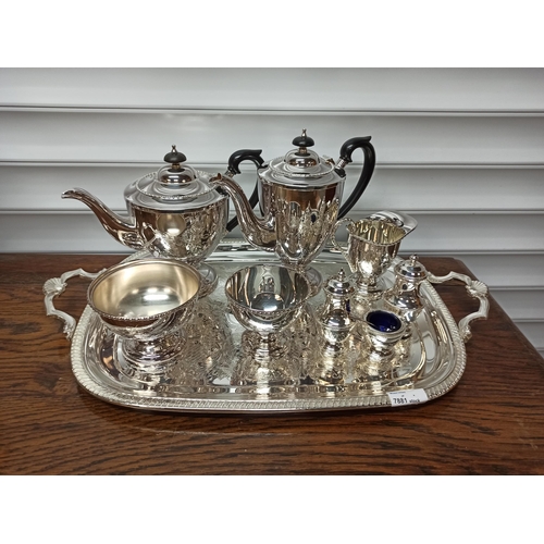 961 - Silver Plated Coffee and Tea Set, 1 x Coffee Pot, 1 x Tea Pot, Milk Jug, Sugar Bowl x 2, Salt and Pe... 