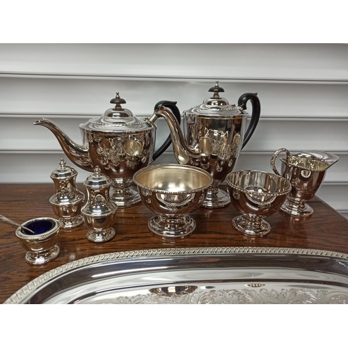 961 - Silver Plated Coffee and Tea Set, 1 x Coffee Pot, 1 x Tea Pot, Milk Jug, Sugar Bowl x 2, Salt and Pe... 