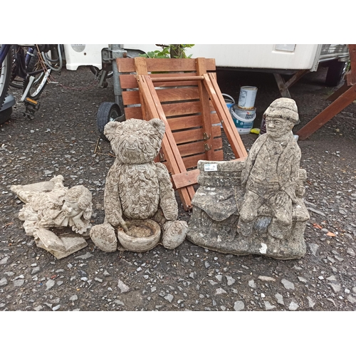 281 - 3  Garden Ornaments _ Man on Bench ,Girl Reading and a Teddy Bear