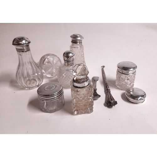 496 - Assorted Silver Topped Bulbos Crystal Bottles etc.