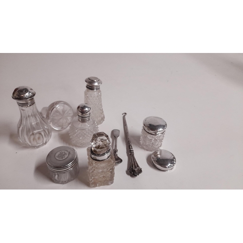 496 - Assorted Silver Topped Bulbos Crystal Bottles etc.