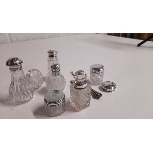 496 - Assorted Silver Topped Bulbos Crystal Bottles etc.