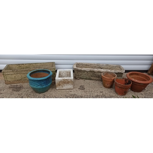 219 - 2 x Stone Troughs, Small Butlers Sink, 1 Glazed Pot and 3 x Clay Pots