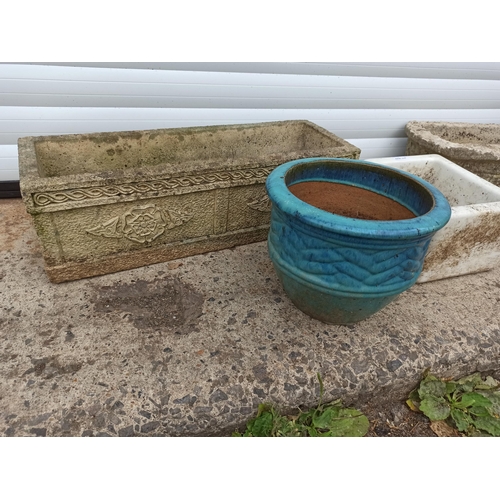 219 - 2 x Stone Troughs, Small Butlers Sink, 1 Glazed Pot and 3 x Clay Pots