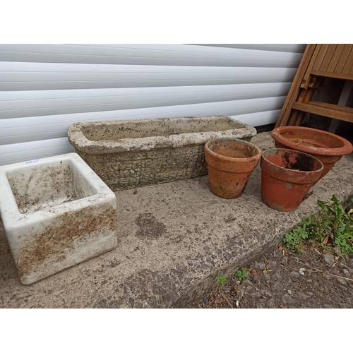 219 - 2 x Stone Troughs, Small Butlers Sink, 1 Glazed Pot and 3 x Clay Pots