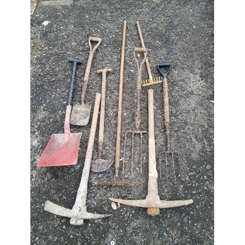 202 - A Quantity of Garden Tools - Spades, Pick Axes etc.